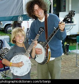 Photo of two people playing banjos