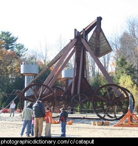 Photo of a wooden catapult or trebuchet