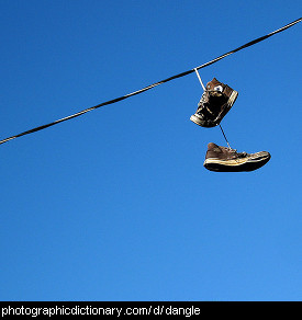 Photo of dangling shoes on a power line