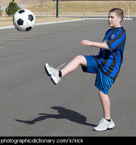 Photo of a boy kicking a ball.