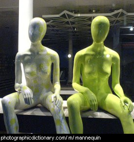 Photo of two mannequins sitting side by side.