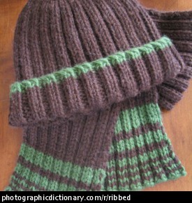 Photo of a ribbed hat and scarf.