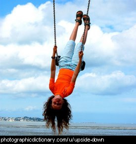 Photo of a girl hanging upside down on a swing