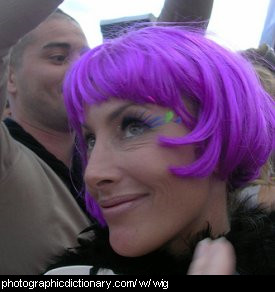 Photo of a woman wearing a purple wig