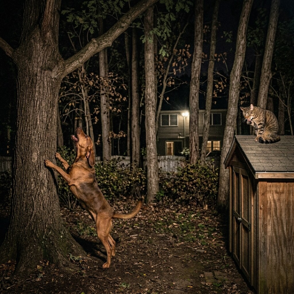 Generated image of a dog barking up the wrong tree