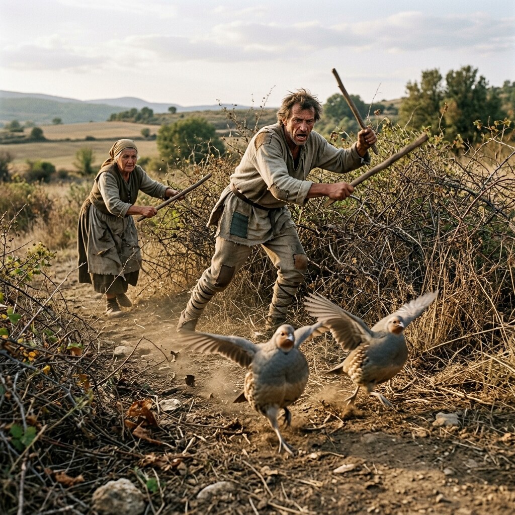 Generated image of peasant scaring birds out of a bush