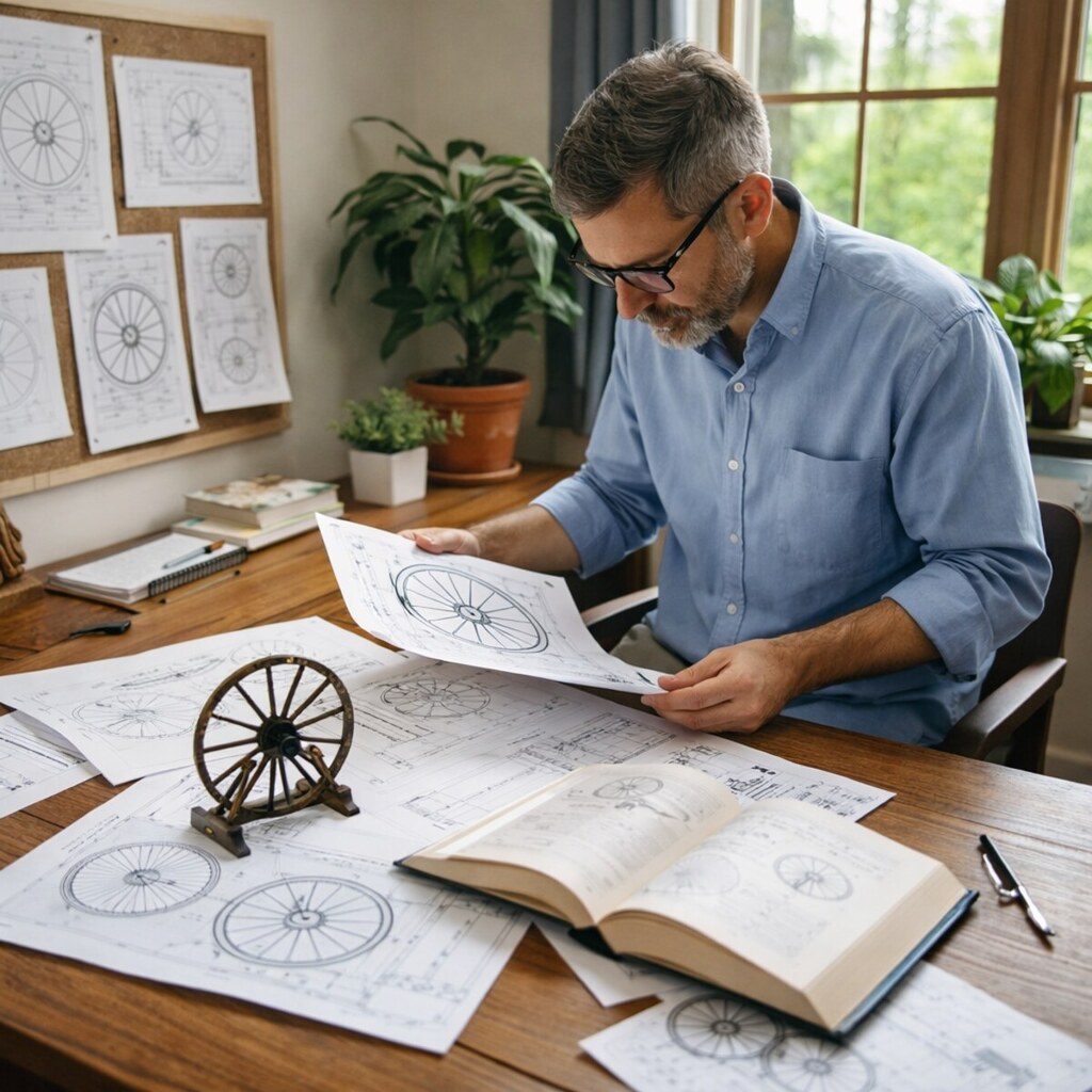 Generated image of a man reinventing the wheel