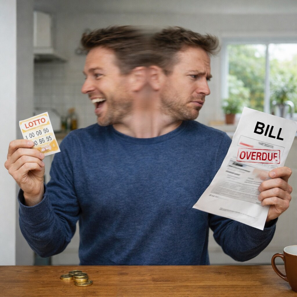 Photo of a man immediately spending a lotto win on a bill