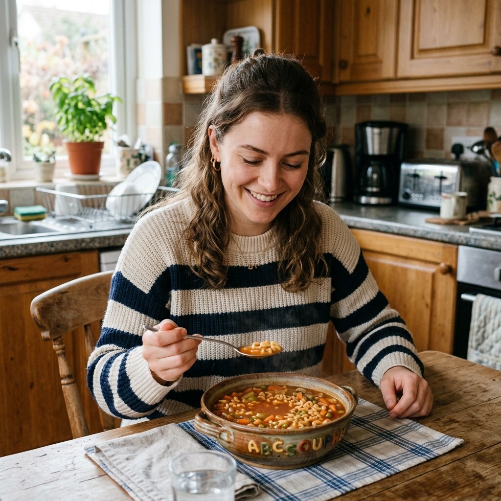 Generated image of a woman eating alphabet soup
