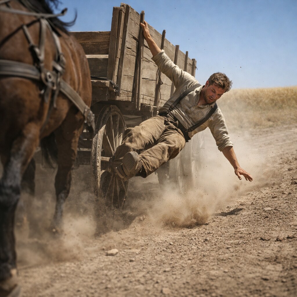 Generated image of a man falling off a wagon