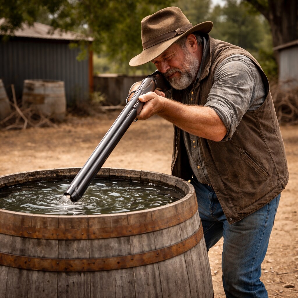 Generated image of someone shooting fish in a barrel