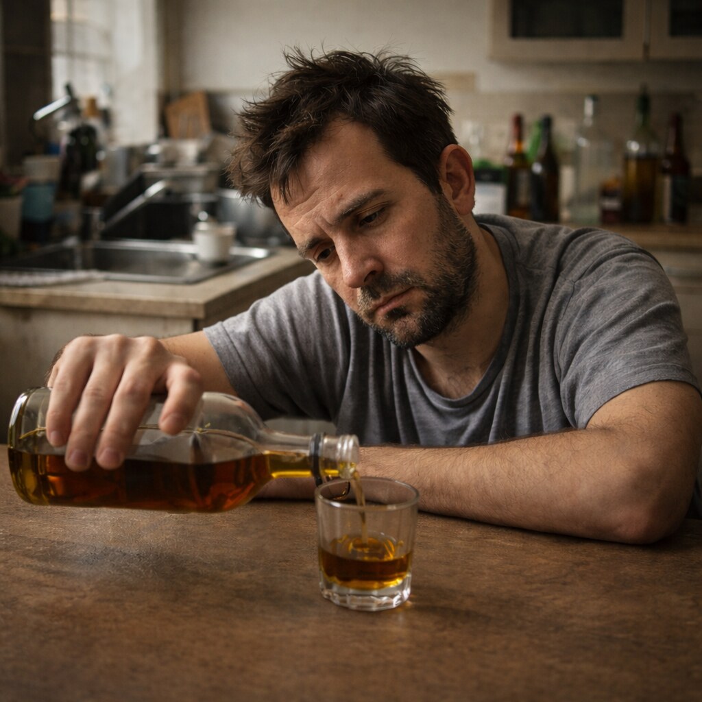 Generated image of a man having a shot of whiskey in the morning