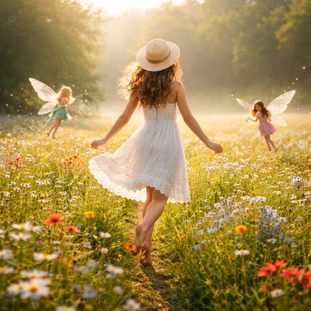 Generated image of a girl in a field of flowers with fairies