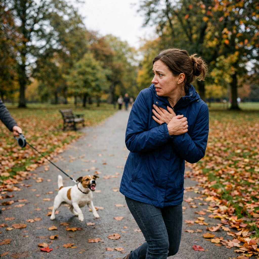 Generated image of a woman scared of a dog