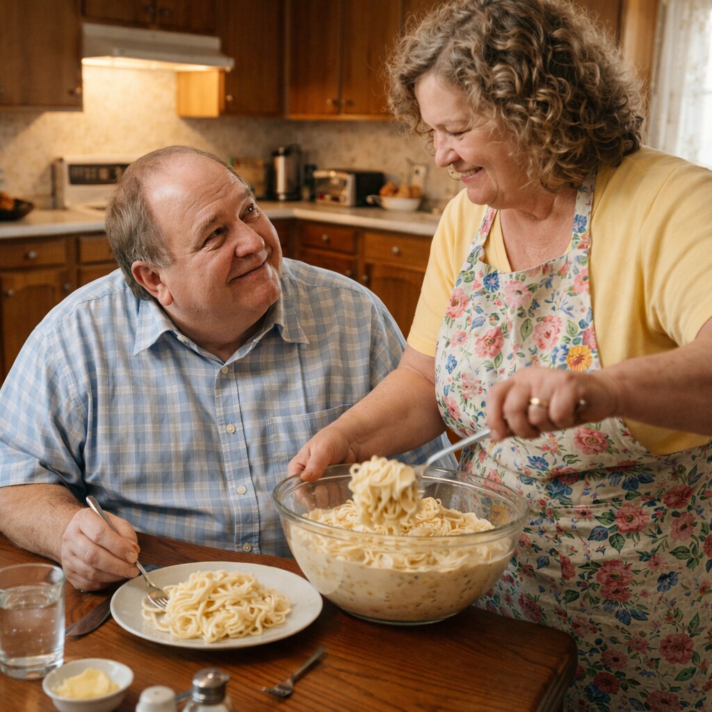 Generated image of a wife serving pasta to her husband