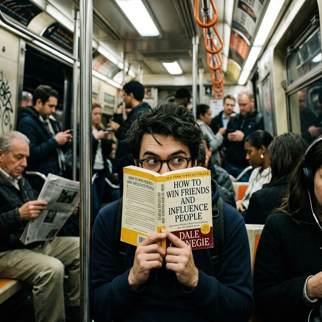 Generated image of a man reading a book on the train