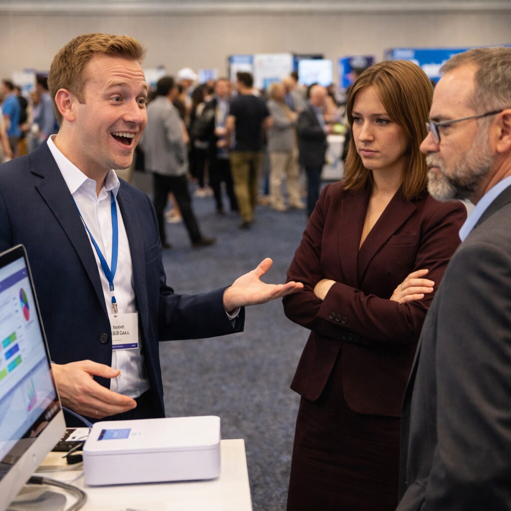 Generated image of a salesman giving a pitch at a conference