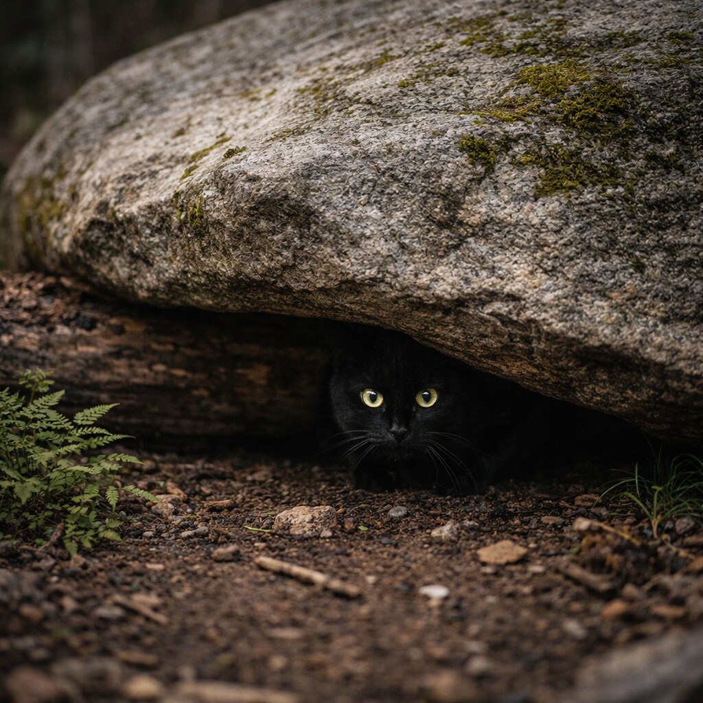 Generated image of a cat under a rock