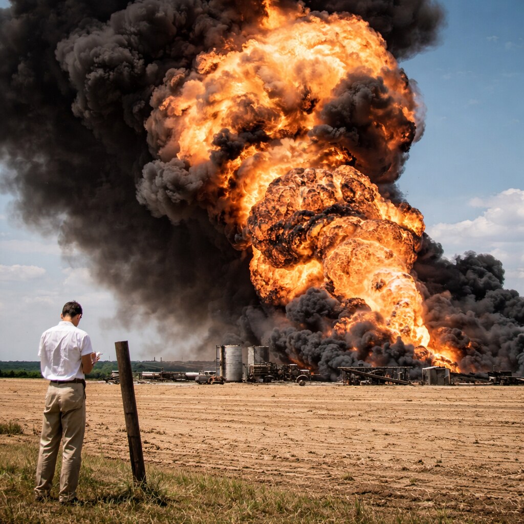 Altered image of an oil well on fire in Texas