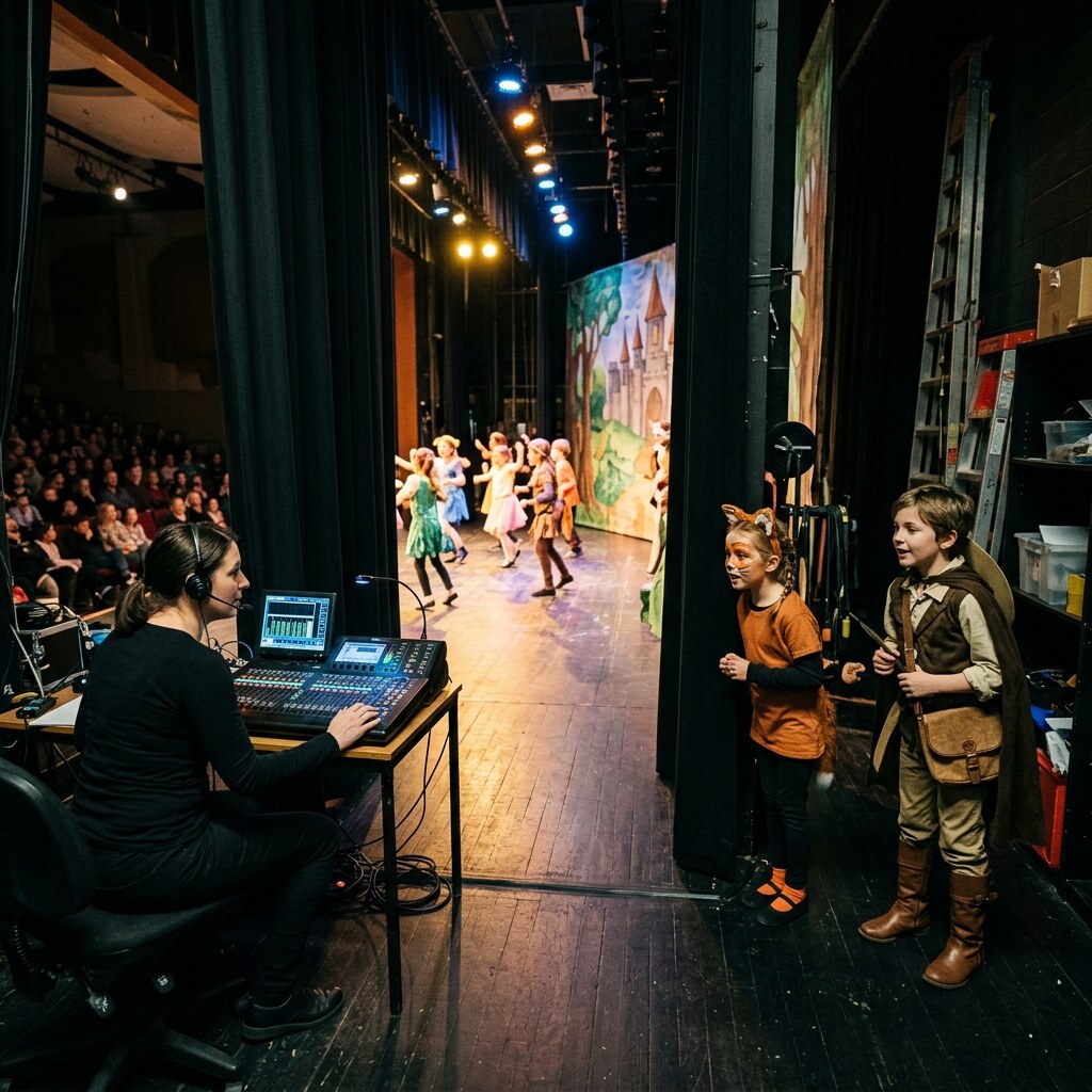 Generated image of children waiting in the wings of a theatre