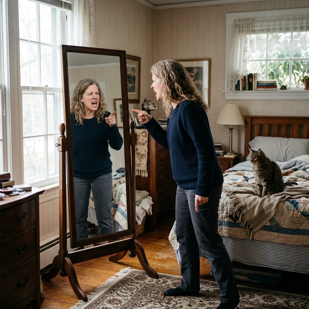 Generated image of a woman arguing with her reflection